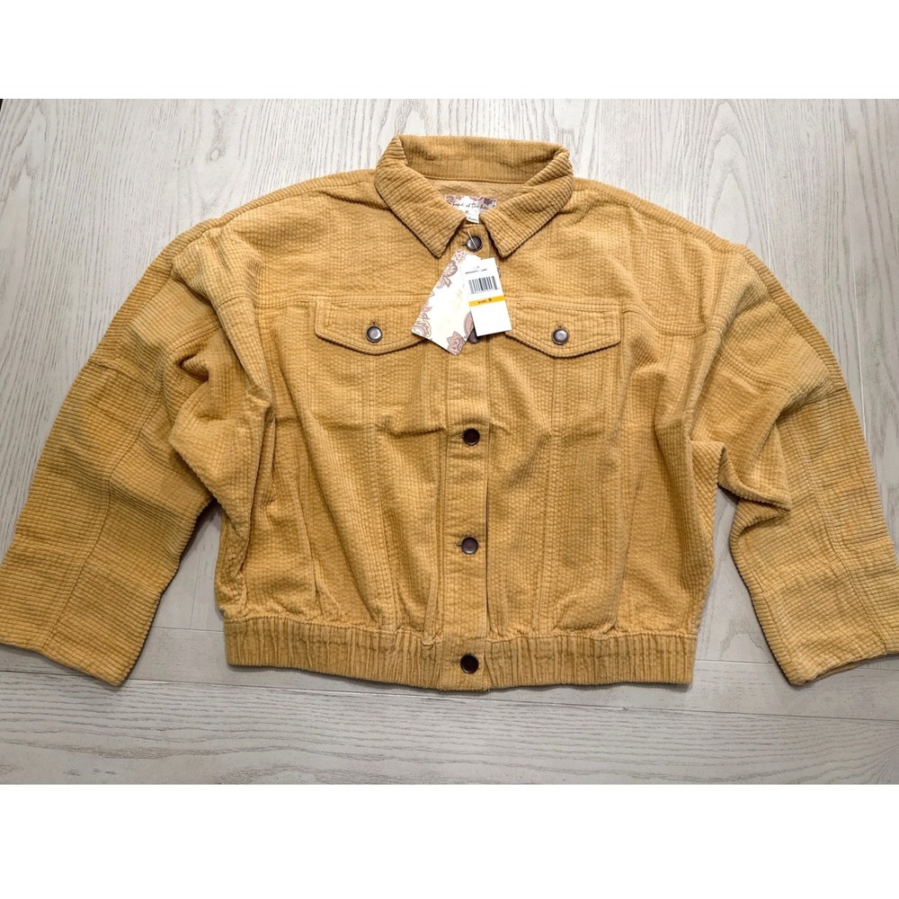 NEW Boutique Yellow Corduroy Cropped Trucker Jacket Women's M Boho Retro Shacket - Picture 3 of 8